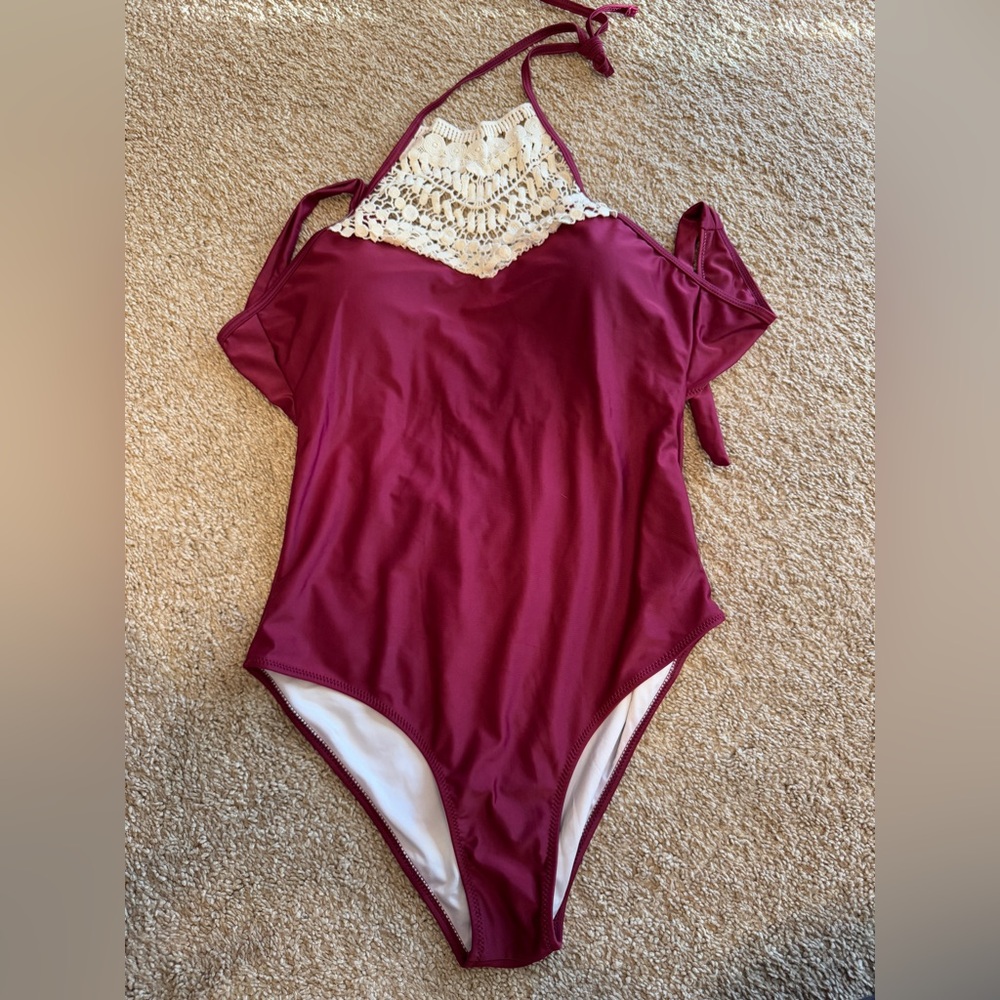 Cupshe Wine Crochet Halter One Piece Swimsuit
